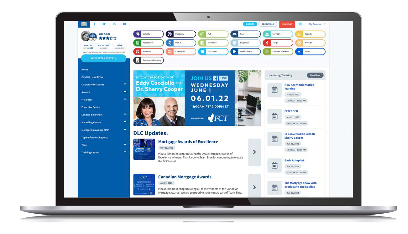 DLC intranet shown on a laptop, with resource links and network updates