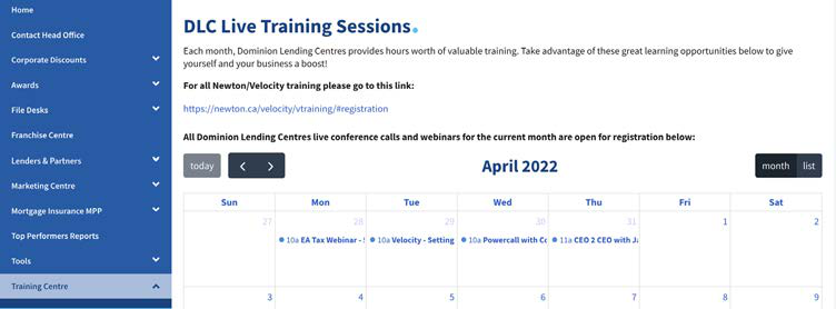 DLC live training calendar from the onboarding guide