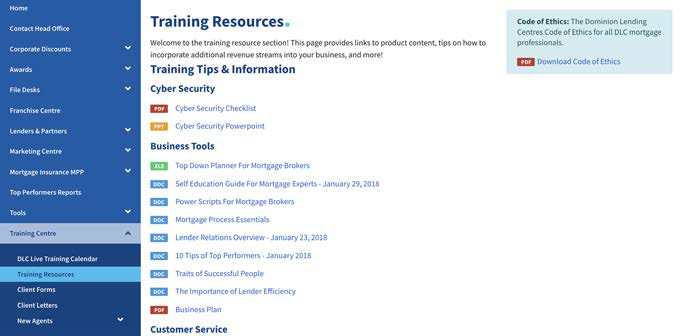 DLC Training Resources page with guides and resources