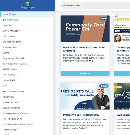 DLC video library showing recorded business development sessions